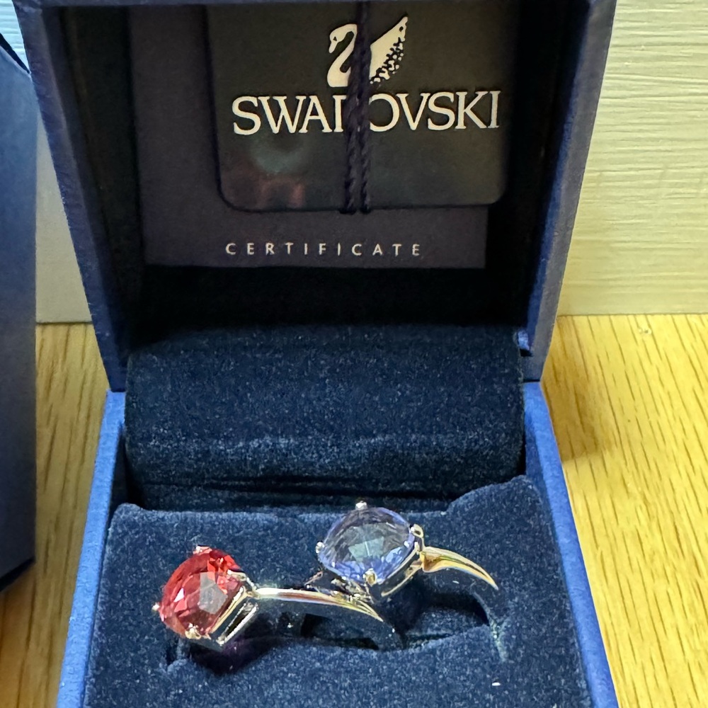 Swarovski Silver with Red and Blue Crystal Rings Asymmetrical Design